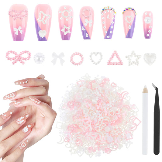 Dimeho 600pcs Multi-Shaped Nail Charms, Acrylic 3D Pearls in Pink & White, Assorted Sizes, for DIY Crafts & Manicure Decoration