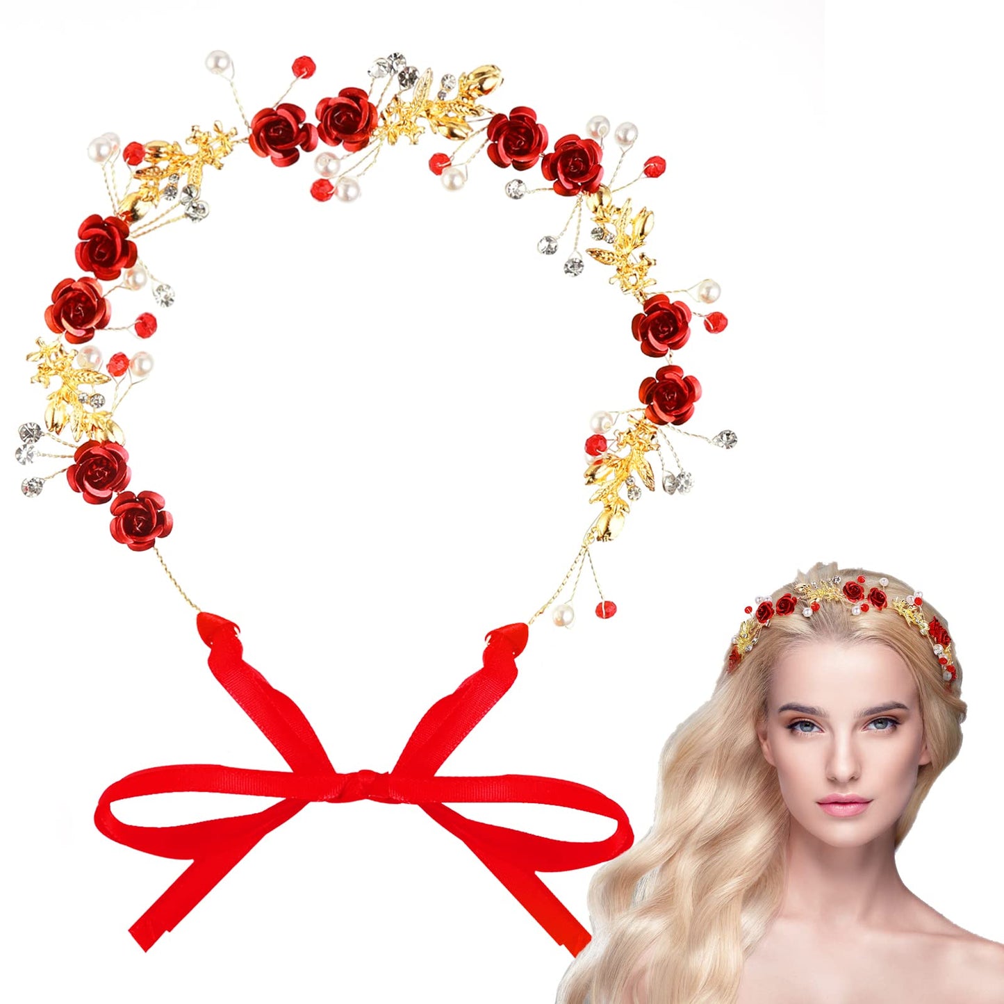 Sibba Xmas Flower Headpiece Crowns Headband Jewelry Bride Bridesmaid Wedding Hairband Red Tiaras Rhinestone Pearl Headwear Long Vines Rose Women Girl Valentine Party Engagement Hair Accessory