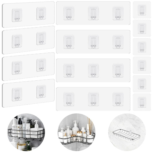 14 Pcs Shower Caddy Adhesive Replacement No Drilling Shower Shelf Transparent Adhesive Hooks Stickers Shelves Strip Pad Organizer Waterproof Wall Flat Hooks for Bathroom Kitchen Racks Soap Holder