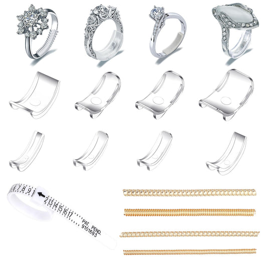 17 Pcs Invisible Ring Size Adjusters Set for Loosing Rings Silicone Resizer Tightener Ring Size Reducer Spacer Ring Guard with Ring Sizer Measuring Tool Polishing Cloth Organizer for Man Woman(Gold)