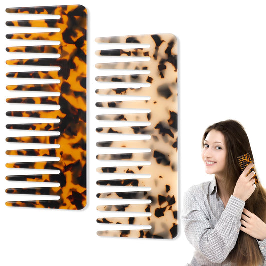 COMNICO 2 Packs Large Hair Detangling Comb, 5.9 Inch Wide Tooth Comb Cellulose Acetate No Handle Styling Shampoo Comb for Women Thick Curly Wavy Hair Wet Dry Hair (Tortoise Shell, Ivory)