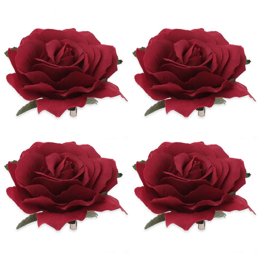 Sibba 4 PCS Flower Hair Clip Corsages Rose Pin Brooch Large Boutonniere Barrettes Jewelry Ballet Dance Headwear Fabric Mother's Day Hairpin Headpiece Women Dress Outfit Party Wedding Event(red)