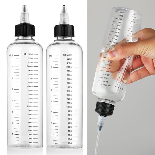 COMNICO 2 Pack Applicator Bottle for Hair 8.5oz Soft Squeeze Empty Oil Dispenser Hair Color Applicator Root Hair Dye PET Plastic Refillable Bottles for Salon Sylist with Graduated Scale and Twist Top
