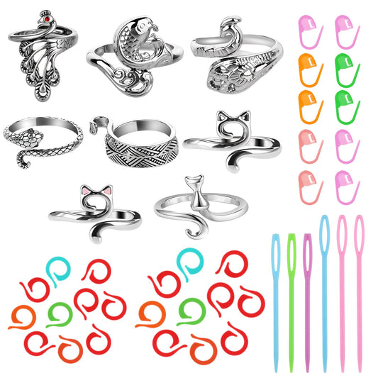 44 Pcs Crochet Ring Kit Knitting Beginners Yarn Guide Holder Weaving Finger Hook Loop Wide Open Braided Tension Rings Crocheting Thimble with Large Eye Plastic Sewing Needles Stitching Marker