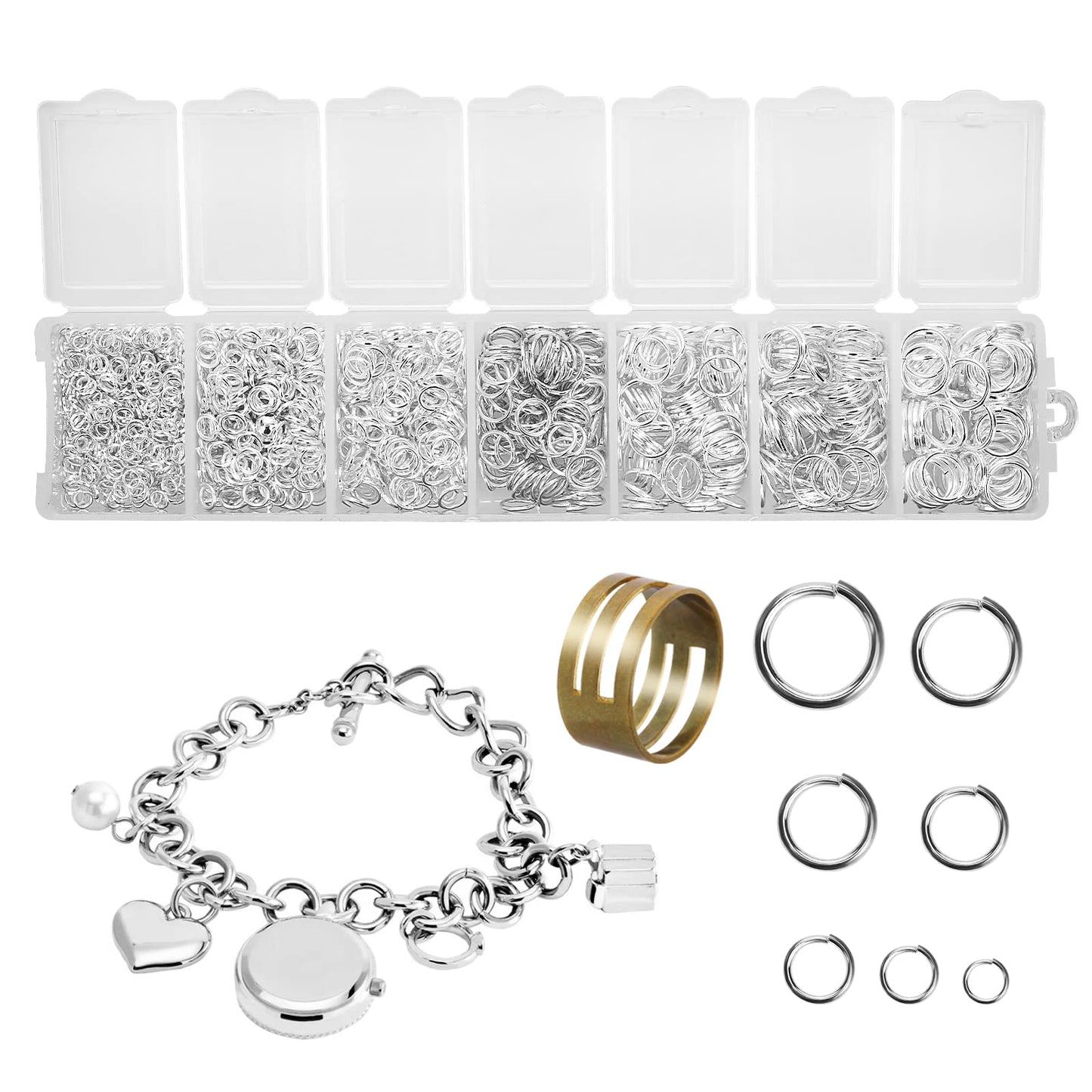 Sibba 1500 Pcs Jump Rings Jewelry Making Supplies Kits Charm Bracelet Necklace Clasp Repair Chains Keychain Ring Silver Jewerly Set with Box for Open Piercing Tool Clips Stamping Opener (2 Piece Set)