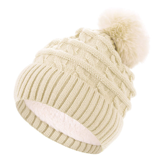 Sibba Bobble Hat for Women Winter Beanie Hats Thermal Fleece Lined Hat Ladies Knitted Wooly Hats with Faux Fur Pom Pom (White)