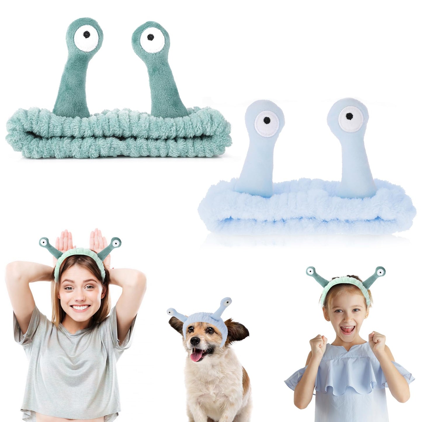 2Pcs Snail Headbands, Face Wash Headband, Snail Spa Hair Bands Skincare Makeup Headbands Soft Coral Fleece Elastic Headband Creative Cute Cartoon Hair Accessories for Women Girls(Blue)