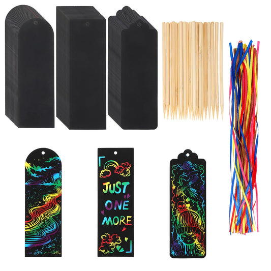 Dimeho 48Pcs Scratch Bookmarks Scratch Paper Art Bookmarks Craft Kits Bookmark Students Party Favors Rainbow DIY Bookmark Hanging Gift Tag with Scratching Tools Ribbon for Classroom 3 Style