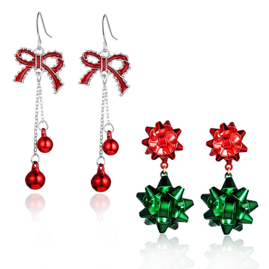 Sibba 2 Pairs Christmas Earrings Holiday X-Mas Jingle Bell Drop Earring Xmas Red Green Bow Bell Earrings Studs Christmas Gifts Present for Women Girls