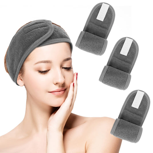 Sibba 3 Pack Spa Headband, Adjustable Headband for Face Wash Makeup Beauty, Facial Loop Yoga Headband Self-Adhesive Towel (Grey)