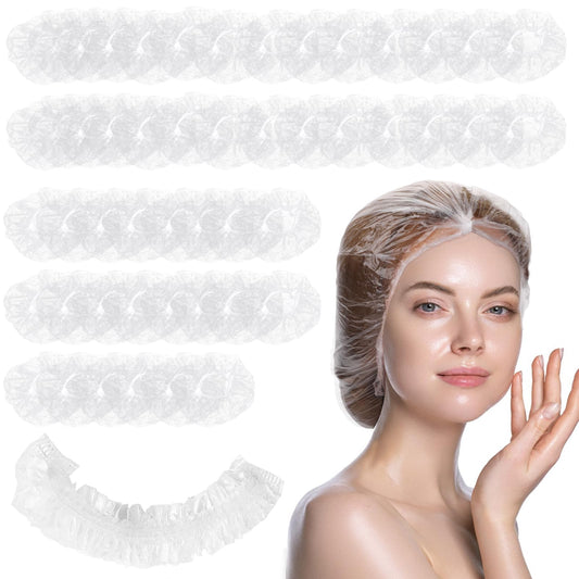 Sibba 50 Packs Thick Disposable Waterproof Shower Caps, Transparent Plastic Elastic Hair Caps for Spa, Bath, Hair Treatment, Home, Hotel