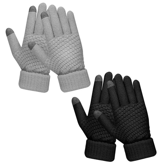 Sibba 2 Pairs Women's Winter Touchscreen Gloves, Warm Wool Lined Gloves, Thermal Knitted Stretchy Cuff Mittens (Black&Grey)