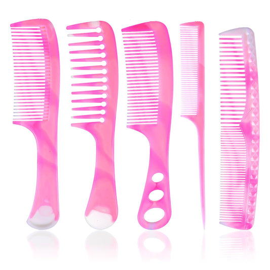 Wanmu 5PCS Pink Hair Comb Set Premium Carbon Fiber Wide Tooth, Fine Tooth, Rat Tail, for Teasing and Parting, Professional Combs for Hair Stylist and Girl