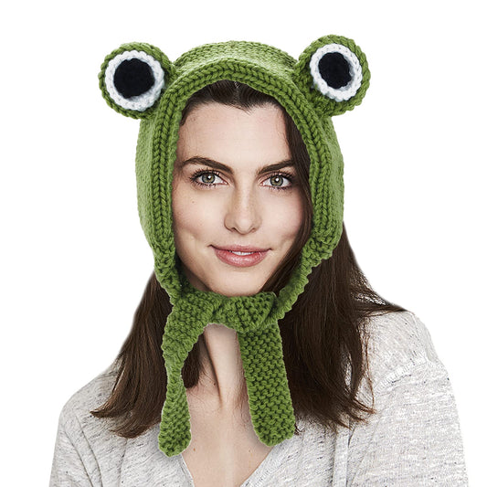 Sibba Cute Frog Headband Hat Big Eye Frog Cap Outdoors Crochet Knitted Headband Earflap Ear Protective Festival Cosplay Hat for Womens Girls Green