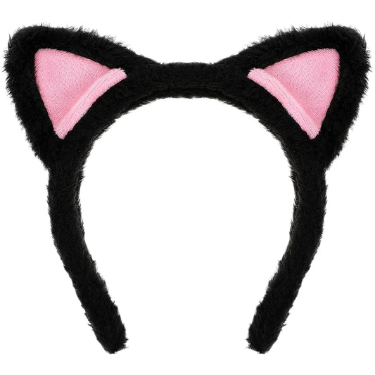 COMNICO Cat Ears Headbands, Plush Soft Cute Washing Face Head band Fuzzy Kitten Makeup Hair Headbands for Mask Skincare Spa Yoga Halloween Parties Cosplay (Black)