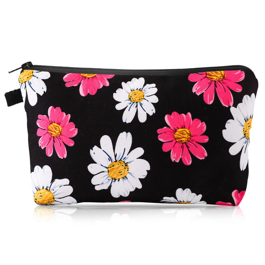 Sibba Makeup Bag Small Cosmetic Toiletry Organizer Storage Black Mini Nylon Sunflower Make Up Pouch Handbag Purse Case Accessories Women Travel (Pink Flower)