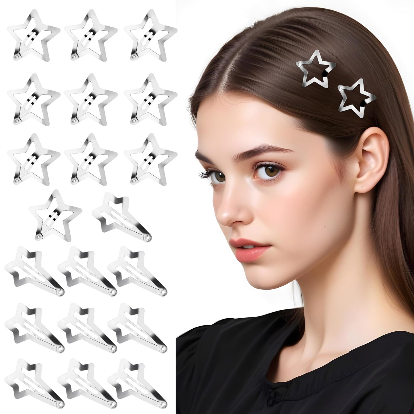 Dimeho 20 Pcs Star Hair Clips, 2 Kinds 1.2 Inch Star Snap Hair Barrettes Non Slip Star Hair Accessories 2000s Y2K Silver Metal Star Hair Clip Cute Star Headpieces for Women Styling Festival Gifts