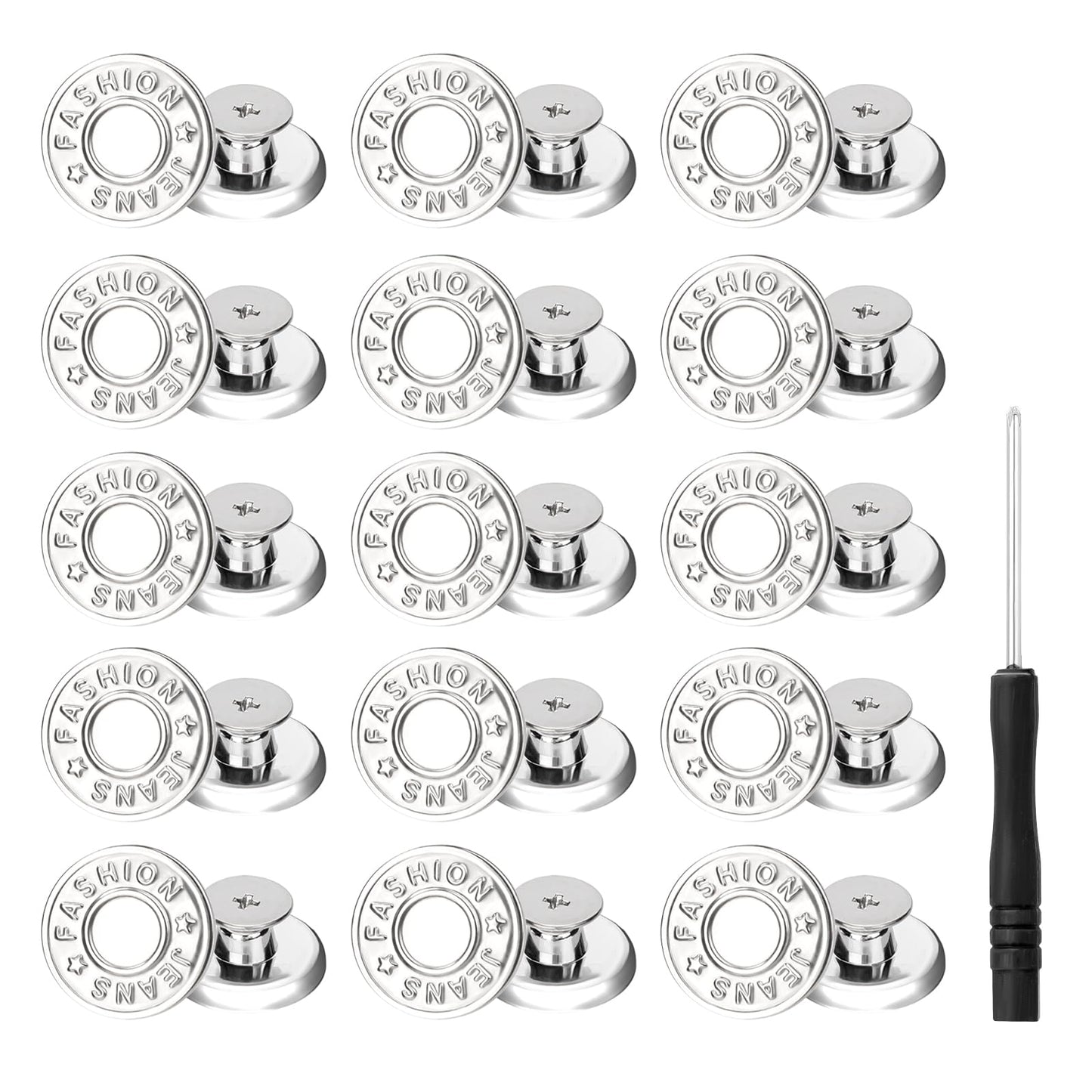 Dimeho 15Pcs Silver Zinc Alloy Jeans Buttons, Removable Metal Button Pins Replacement for Jeans Repair, Combo with Screwdrivers & Thread Rivets, Women & Men's Clothing Supplies