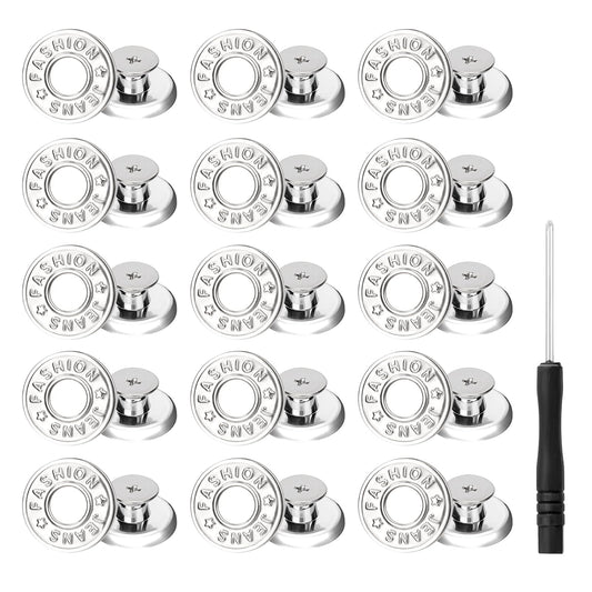 Dimeho 15Pcs Silver Zinc Alloy Jeans Buttons, Removable Metal Button Pins Replacement for Jeans Repair, Combo with Screwdrivers & Thread Rivets, Women & Men's Clothing Supplies