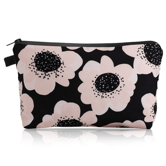 Sibba Makeup Bag Small Cosmetic Toiletry Organizer Storage Black Mini Nylon Sunflower Make Up Pouch Handbag Purse Accessories Women Travel (Black Flower)