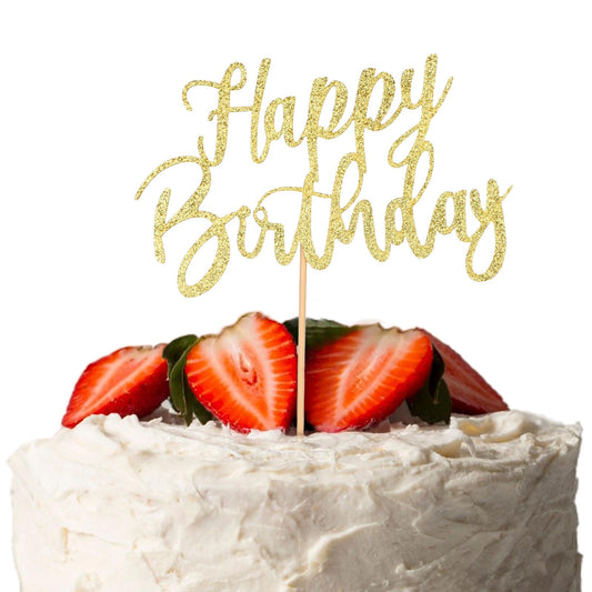 COMNICO Happy Birthday Cake Topper Golden Glitter Handmade Happy Birthday Cake Pick DIY Bunting Decor Cupcake Decorations Supplies for Birthday Anniversary Party
