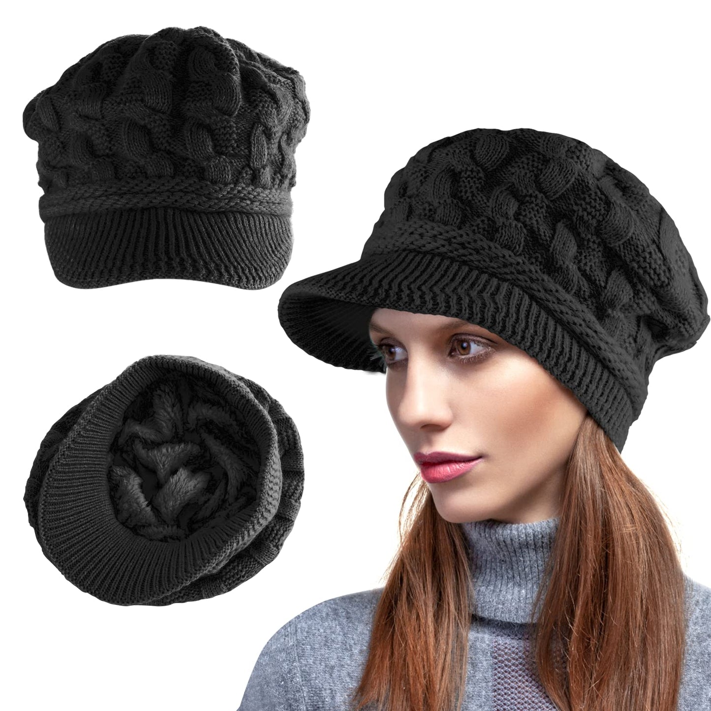 Sibba Women Winter Warm Knit Hat Ladies Snow Ski Caps with Visor Beanie Hats Fleece Lined Beret Hat Wool Knitted Peaked Beanie Cap Visor Beanie Black
