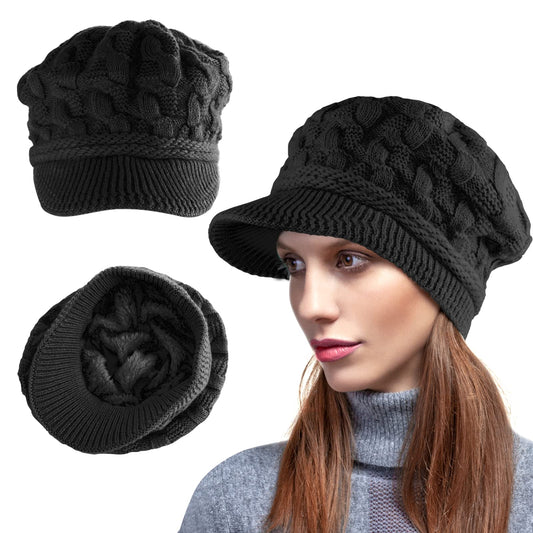 Sibba Women Winter Warm Knit Hat Ladies Snow Ski Caps with Visor Beanie Hats Fleece Lined Beret Hat Wool Knitted Peaked Beanie Cap Visor Beanie Black