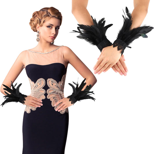 Qianyu Women Feather Wrist Cuffs Lace Bracelets Gothic Mesh Wristband Accessories for Cosplay Halloween Swan Costume