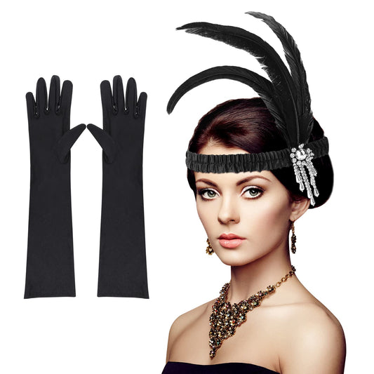 Sibba 1920s Flapper Headband Headpiece Accessories Black Satin Gloves for Women Girls Gatsby Vintage Feather Crystal Hair 20's Dress Costume Prom Carnival Cocktail Party Retro Style Theme Birthday
