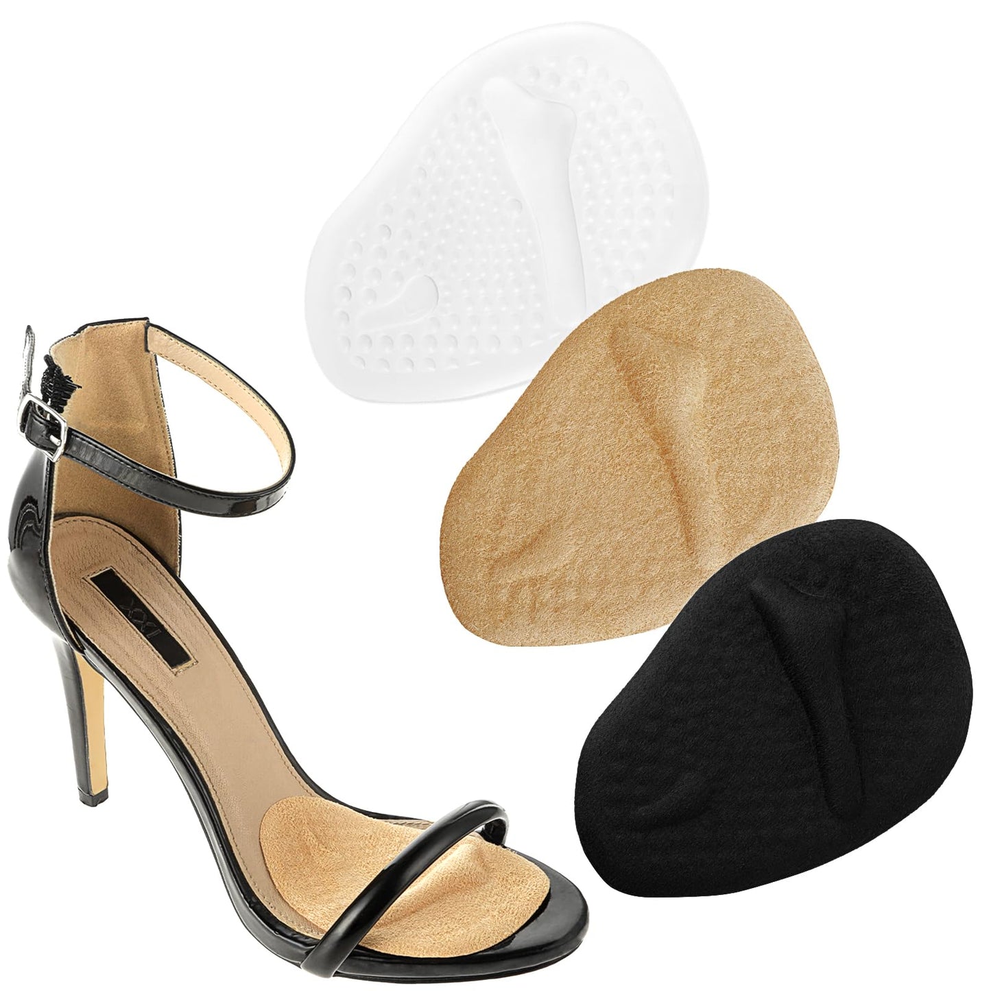 3 Pairs Metatarsal Pads for Women Gel Metatarsal Pad Insoles Ball of Foot Cushion Non Slip Soft Forefoot Cushioning Pad Reusable High Heel Pads Inserts (Beige, Black, Clear)