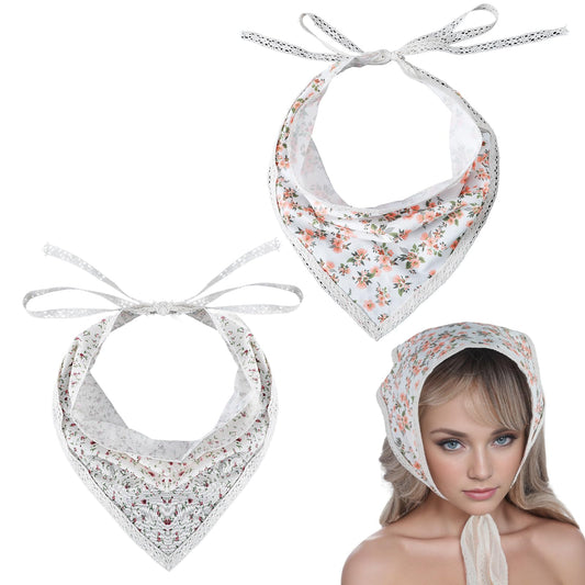 Dimeho 2 Pcs Floral Hair Bandanas Tie-back Chiffon Head Kerchief Flower Mesh Hair Scarves with Ties Vintage Triangular Lightweight Hair Scarf for Women Girls Vacation