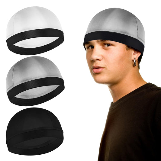 Sibba 3 Pieces Unisex Satin Silky Wave Caps 360 540 720 Wave Elastic Band Silky Durag Headwear Stockings Wig Beanie Cap Soft Breathable Skullies Beanies Cap for Sleeping Shower (White)