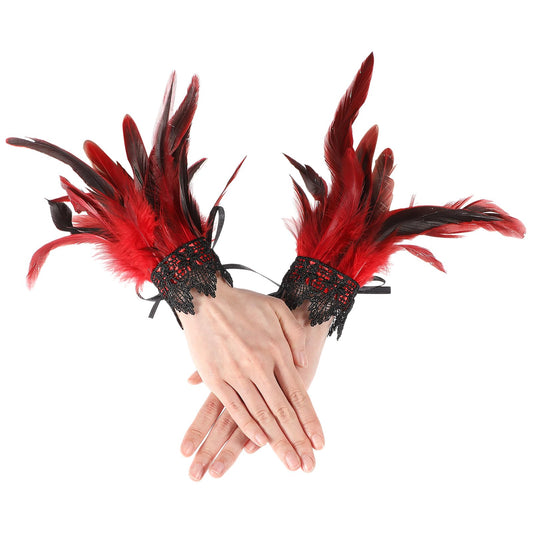 COMNICO Women's Feather Wrist Cuffs Floral Lace Wings Bracelets Black Gothic Mesh Wristband for Cosplay Halloween Costume(Red)