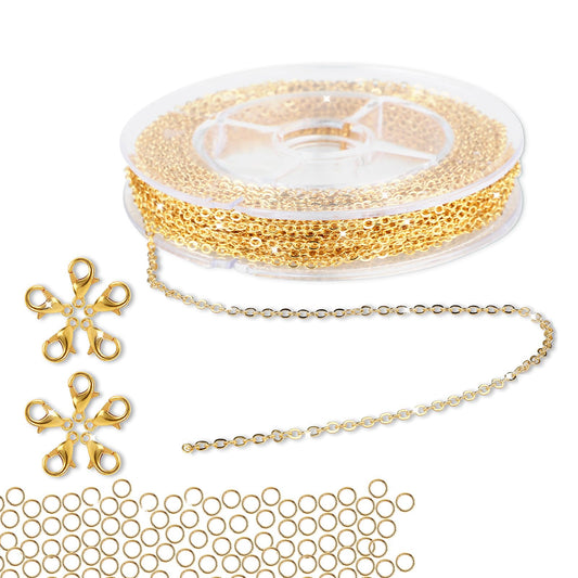 WLLHYF 39 Feet 2MM Gold Plated Cable Link Chain Rolls for Jewelry Making with Lobster Clasps and Jump Rings Extender Chains Link Necklace for DIY Craft Earring Bracelet Necklace (Gold)