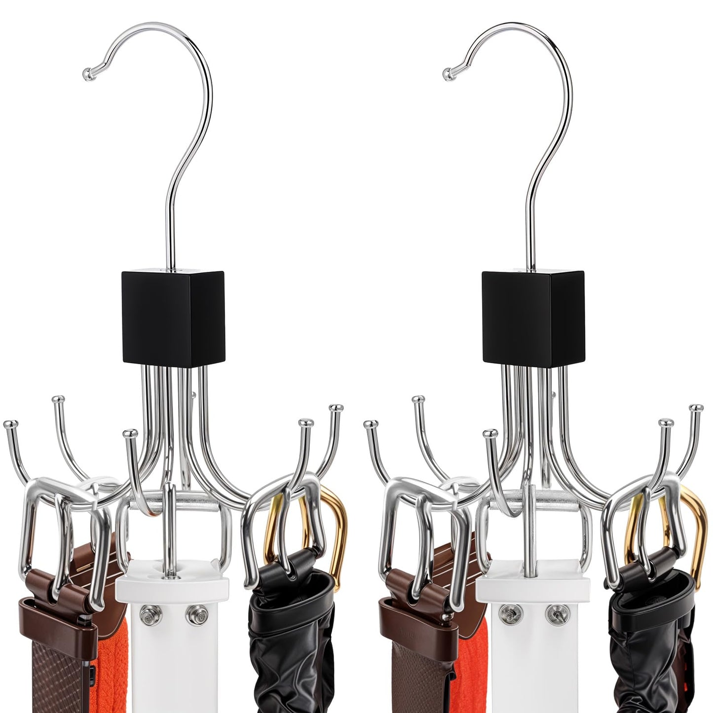 Gjinxi Pack of 2 Belt Hangers, 360° Rotatable Space-Saving Belt Organiser for Wardrobe, Versatile Rotating Tie Hanger, Belt Holder with 6 Hooks, Cabinet Accessories for Tie, Bra, Tank