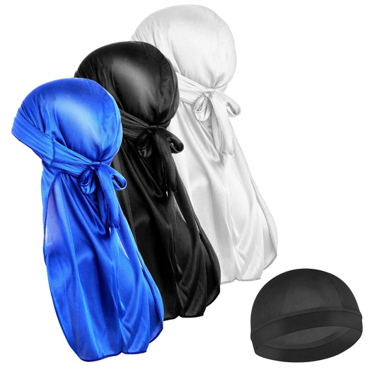 Sibba 4PCS Silky Durag Long Tailed Turban Headwear, Elastic Durags Soft Breathable Stocking Wave Hair Caps for Men Women Running Fitness Cycling Hiking Camping