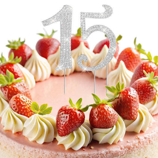 Wanmu 15 Cake Topper, 15th Sweet Birthday Cake Sparkly Toppers, Crystal Rhinestones Decorations for Birthday Party and Anniversary Decoration, Silver