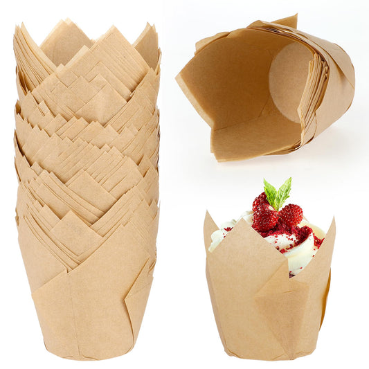 Dimeho 100 Pcs Muffin Cases Tulip Cupcake Cases Tulip Baking Paper Cupcake & Muffin Liners Unbleached Baking Cups Cupcake Wrapper for Party, Wedding, Birthday, Christmas (Wood Color)