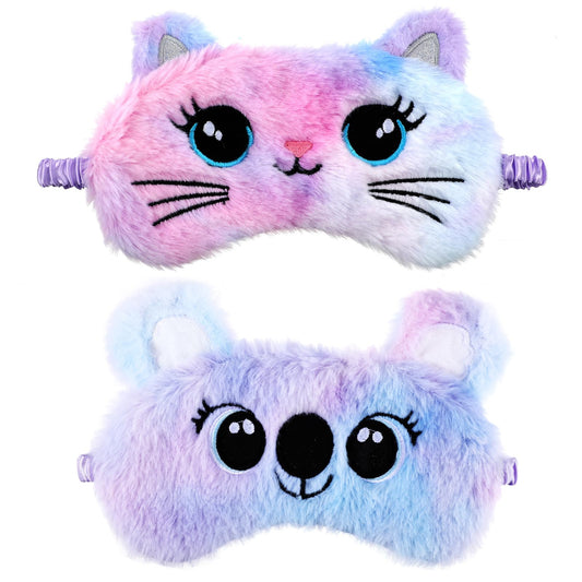 2 Pcs Plush Eye Mask Soft Sleeping Blindfold Eye Cover Comfortable Cute Animal Sleeping Mask Satin Nap Night Eyeshade Cover for Women Men Gift(Purple, Cat&Koala Style)