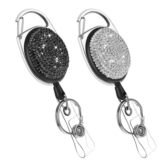 Sibba ID Badge Holder with Clip, Shiny Bling Rhinestone Badge Reels Keychain Retractable ID Badge Strap Card Holder for Office Worker Doctor Nurse Teacher