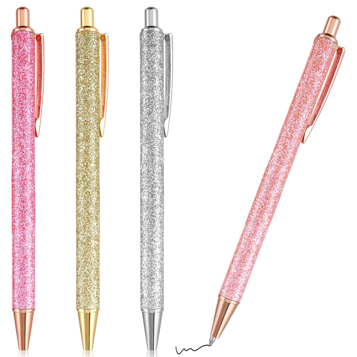 Sibba 4pcs Ballpoint Pens Retractable Black Ink Smooth Writing Journaling Pens Medium Point 1mm Ball Pen Gift Set Glitter Barrel Cute Pens Office School Supplies for Women Men Anniversary Graduation