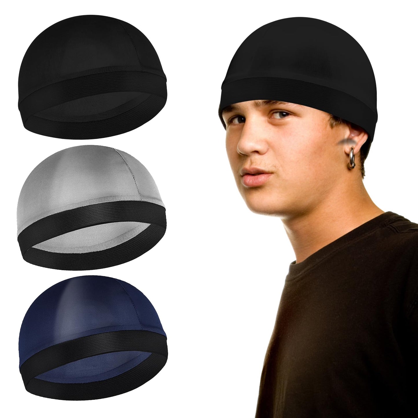 Sibba 3 Pieces Unisex Satin Silky Wave Caps 360 540 720 Wave Elastic Band Silky Durag Headwear Stockings Wig Beanie Cap Soft Breathable Skullies Beanies Cap for Sleeping Shower Silver
