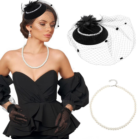 Sibba 3 Pcs Fascinator Hat for Women Tea Party Feather Headband Veil Feather Funeral Headpiece Lace Gloves Pearl Necklace, 3 Piece Set - Black, One Size