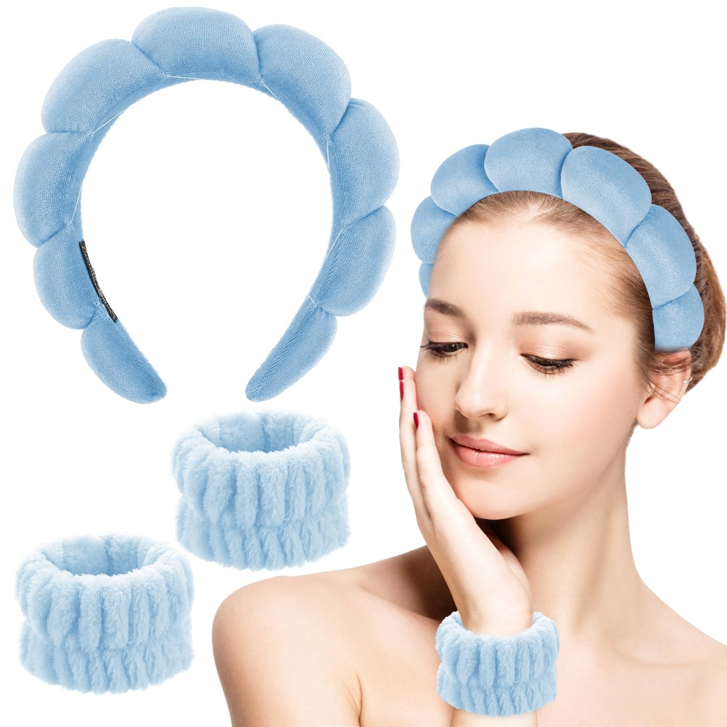 Sibba Sponge Headband Wristband Sets for Washing Face, Makeup Headbands for Women Girls, Skincare Makeup Removal Wash Spa Yoga Sports Shower Head Band Terry Towel Cloth Hair Band (Blue)