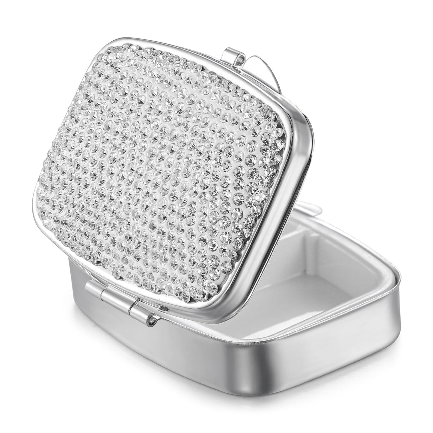 COMNICO Bling 2 Compartment Pill Case Crystal Diamond Medicine Planner Pill Container Small Cute Pill Case Vitamins Organizer Portable Travel Pill Box Case for Purse Pocket (Silver)
