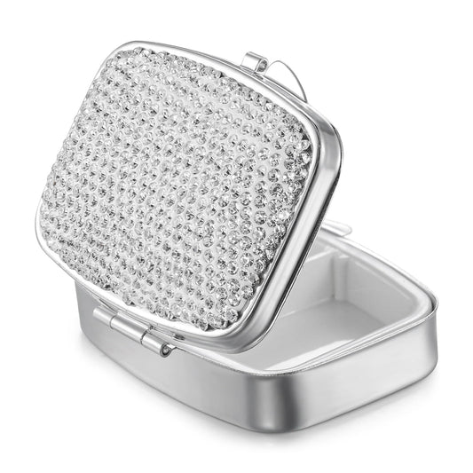 COMNICO Bling 2 Compartment Pill Case Crystal Diamond Medicine Planner Pill Container Small Cute Pill Case Vitamins Organizer Portable Travel Pill Box Case for Purse Pocket (Silver)