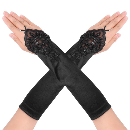 Sibba Lace Gloves Black Fishnet Fingerless Sleeves 1920s Halloween Cosplay Long Arm Gothic Mesh Warmers Sun Uv Protection Opera Evening Bride Costume Hands Nail Glitter Embroidered Stockings (Short)