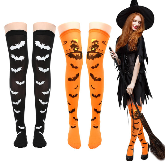 Sibba 2 Pairs Halloween Thigh High Long Stockings Over Knee Socks Bat Print Tights Cosplay Festival Party Stockings for Women Girls(Black&Orange)