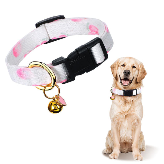 Wanmu Cotton Handmade Dog Collar, Cute and Distinctive Patterns Pink Strawberries with Pendant, Soft Ethnic Style Collar Adjustable for Small Medium Large Dogs