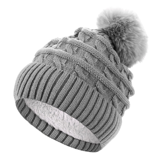 Sibba Bobble Hat for Women Winter Beanie Hats Thermal Fleece Lined Hat Ladies Knitted Wooly Hats with Faux Fur Pom Pom (Grey)